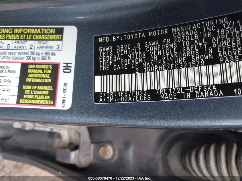 2015 TOYOTA COROLLA L/LE/LE PLS/PRM/S/S PLS - 2T1BURHE7FC321579