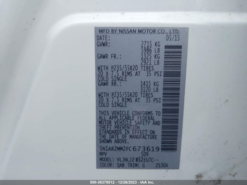 2015 NISSAN PATHFINDER PLATINUM - 5N1AR2MM2FC673619
