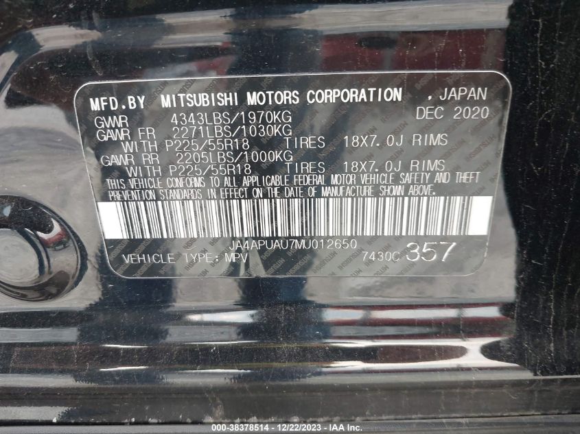 2021 MITSUBISHI OUTLANDER SPORT 2.0 BE 2WD/2.0 ES 2WD/2.0 LE 2WD/2.0 S 2WD - JA4APUAU7MU012650