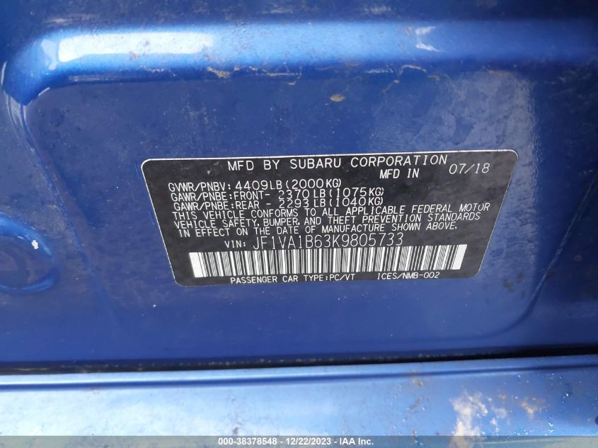 2019 SUBARU WRX PREMIUM - JF1VA1B63K9805733