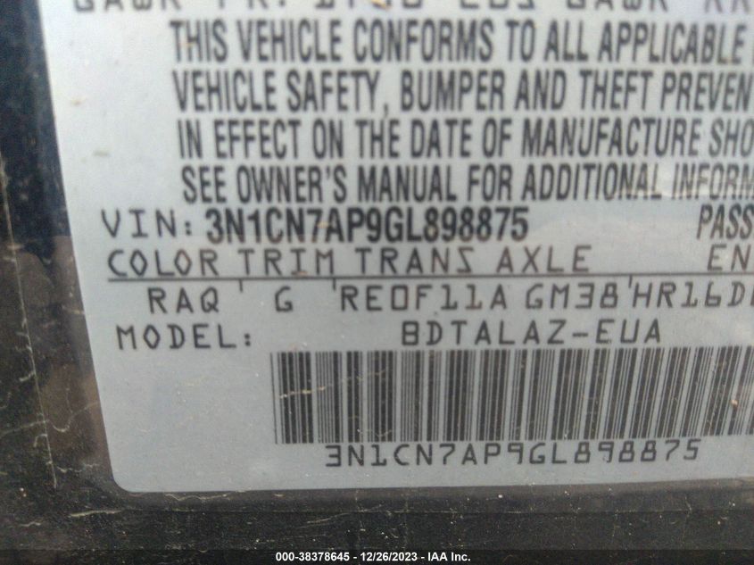2016 NISSAN VERSA S/S PLUS/SV/SL - 3N1CN7AP9GL898875