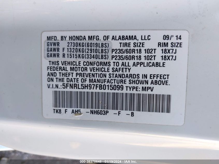 2015 HONDA ODYSSEY TOURING/TOURING ELITE - 5FNRL5H97FB015099