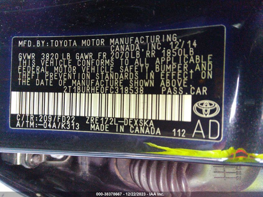 2015 TOYOTA COROLLA S PLUS - 2T1BURHE0FC318538