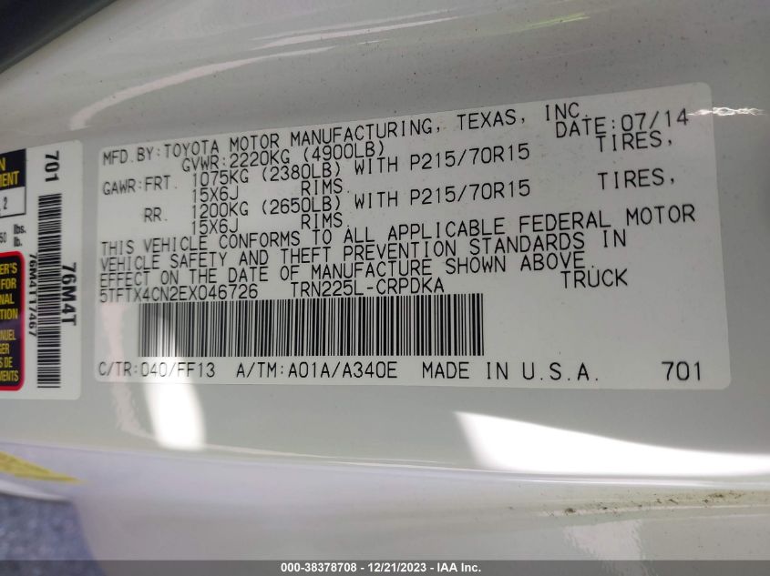 2014 TOYOTA TACOMA - 5TFTX4CN2EX046726