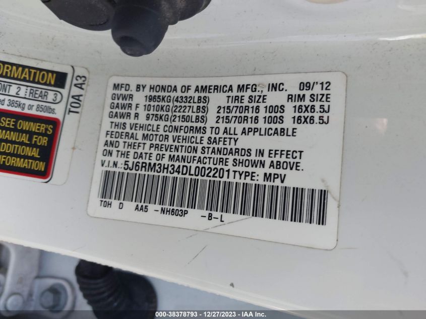 2013 HONDA CR-V LX - 5J6RM3H34DL002201