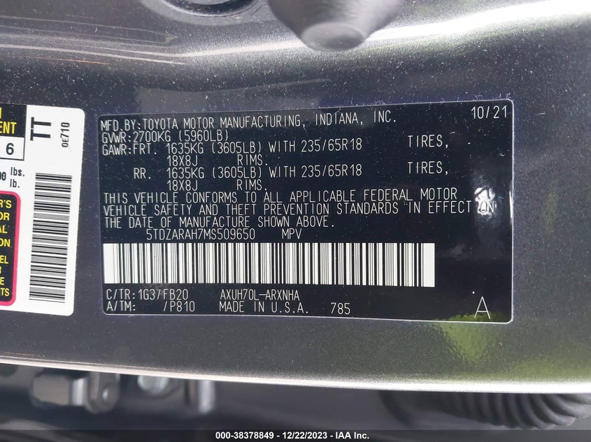 VIN 5TDZARAH7MS509650 2021 TOYOTA HIGHLANDER HYBRID LE