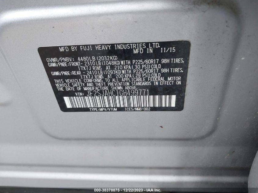 2016 SUBARU FORESTER 2.5I LIMITED - JF2SJAHC1GH499771