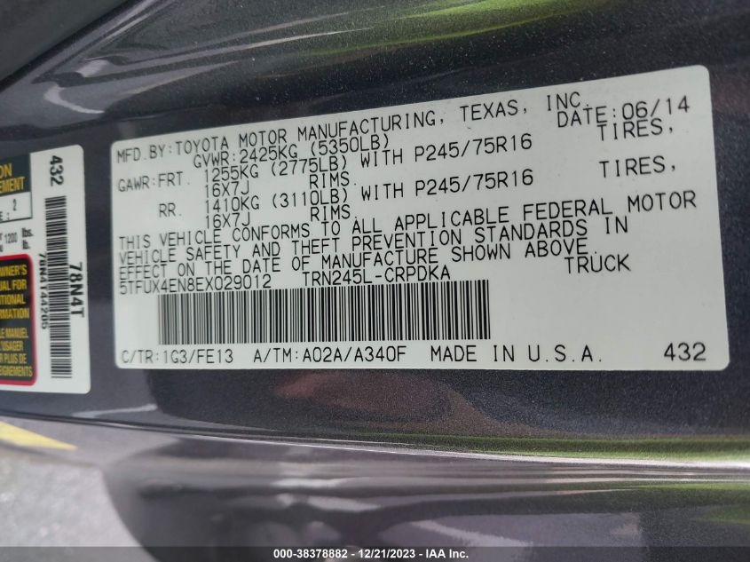 2014 TOYOTA TACOMA - 5TFUX4EN8EX029012