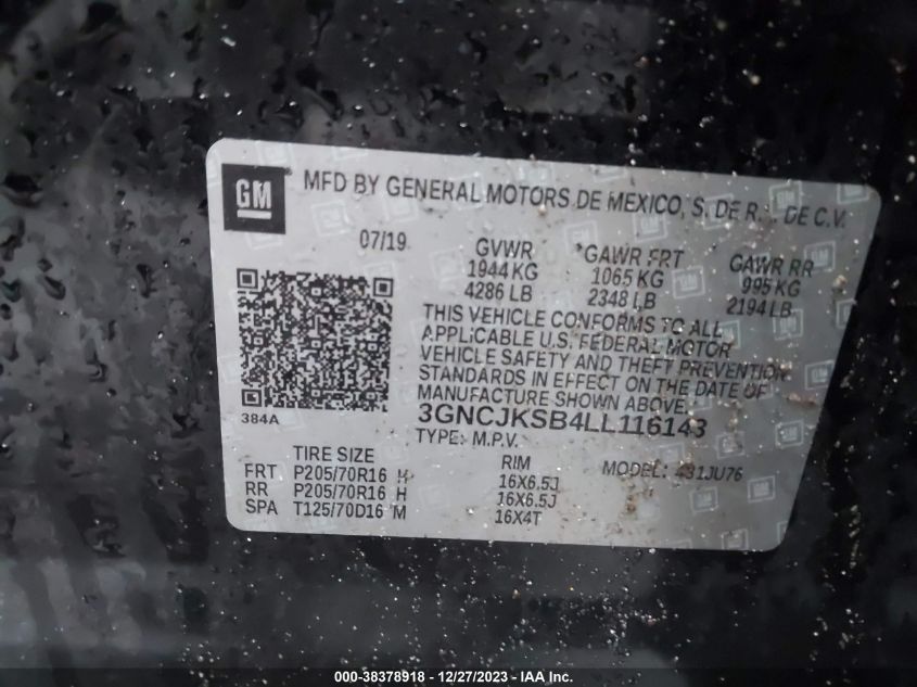 2020 CHEVROLET TRAX FWD LS - 3GNCJKSB4LL116143