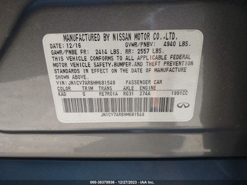 2017 INFINITI Q50 PREMIUM - JN1CV7AR6HM681549