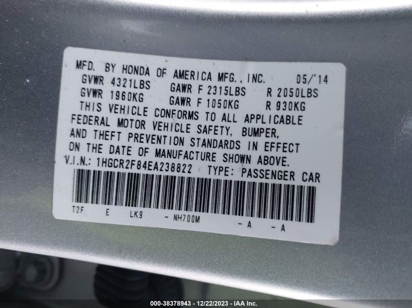 2014 HONDA ACCORD EX-L - 1HGCR2F84EA238822