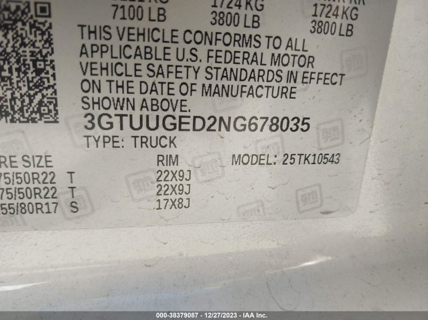 2022 GMC SIERRA 1500 4WD  SHORT BOX DENALI - 3GTUUGED2NG678035