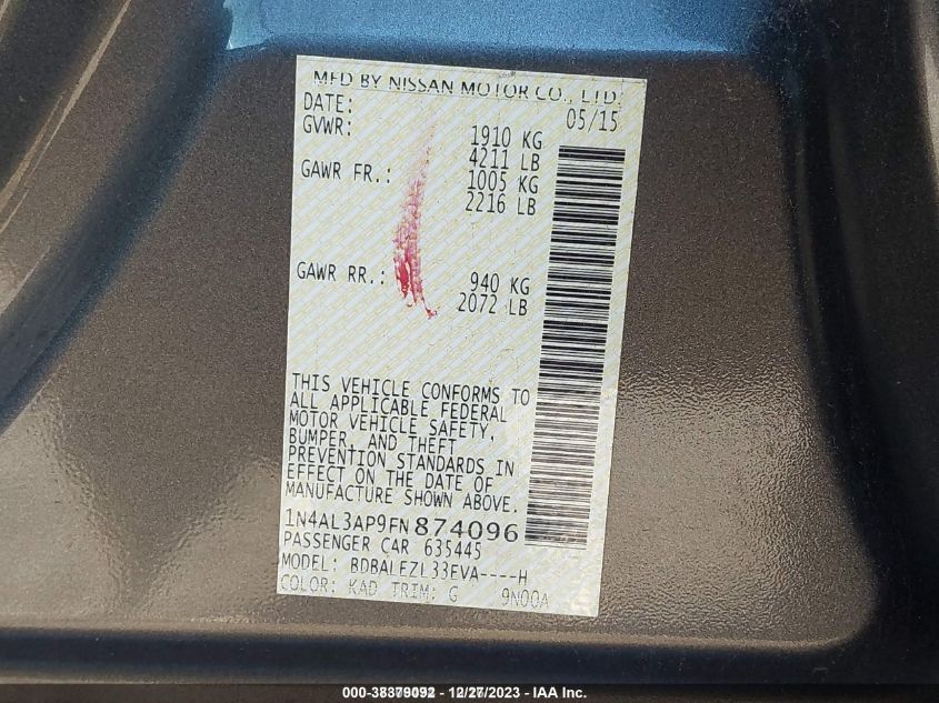 2015 NISSAN ALTIMA 2.5 S - 1N4AL3AP9FN874096