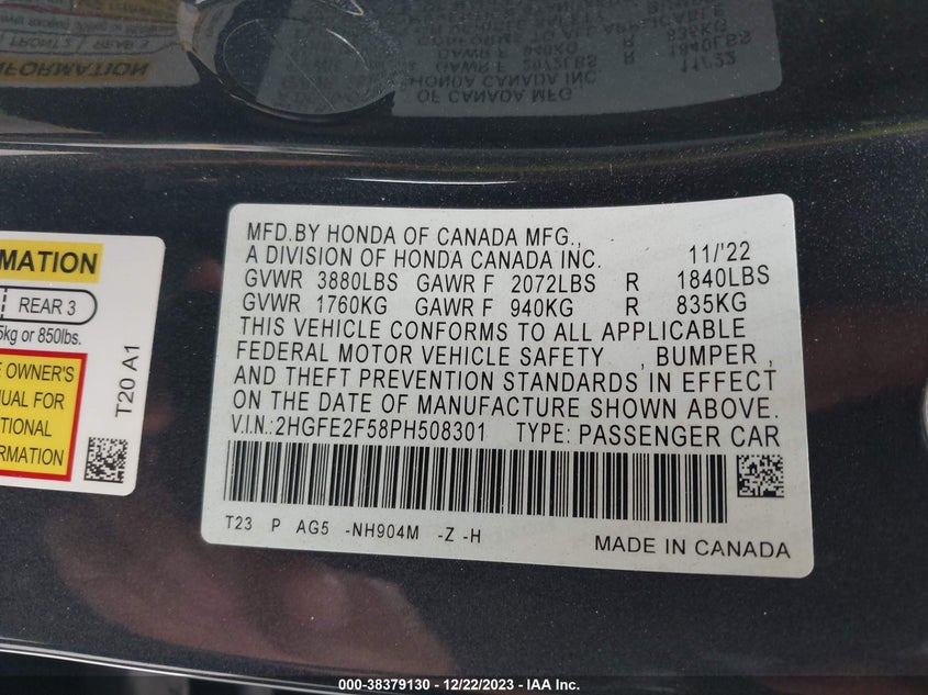 VIN 2HGFE2F58PH508301 2023 HONDA CIVIC SPORT