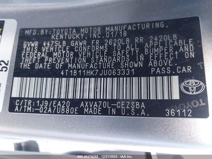 2018 TOYOTA CAMRY SE - 4T1B11HK7JU063331