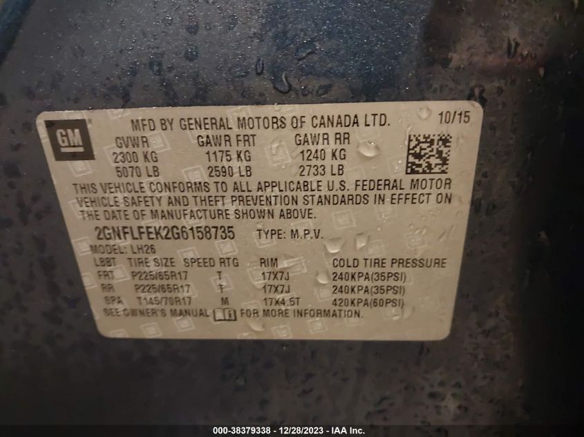 2016 CHEVROLET EQUINOX LT - 2GNFLFEK2G6158735