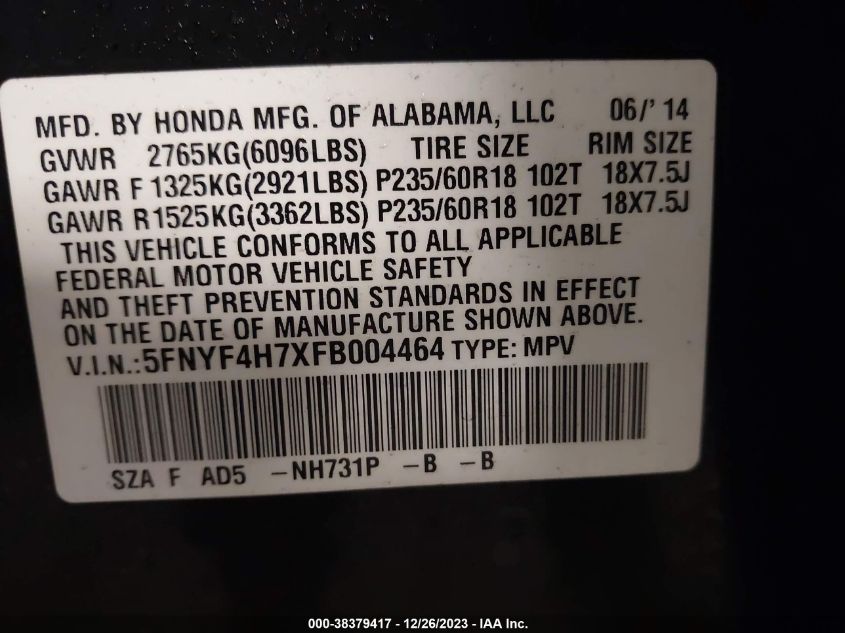 2015 HONDA PILOT EX-L - 5FNYF4H7XFB004464