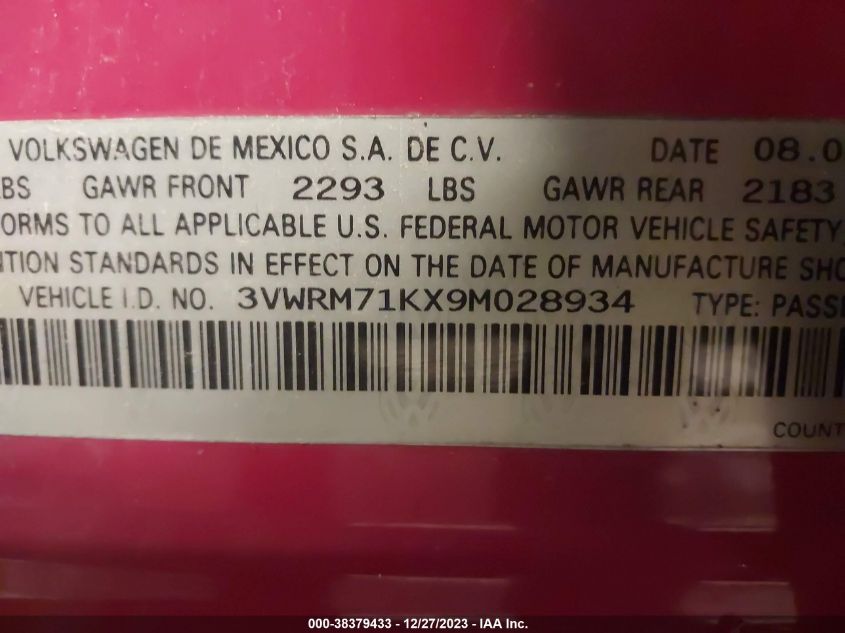 3VWRM71KX9M028934 | 2009 VOLKSWAGEN JETTA