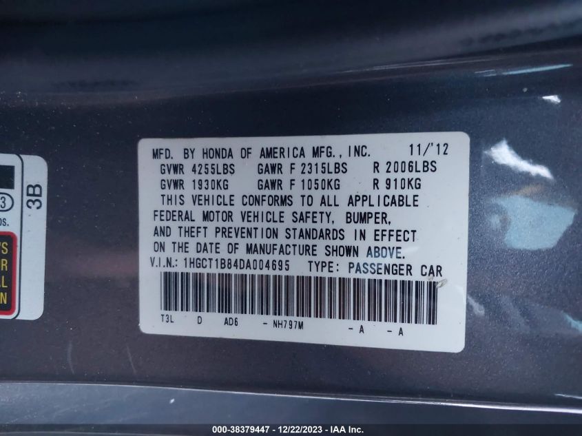 2013 HONDA ACCORD EX-L - 1HGCT1B84DA004695