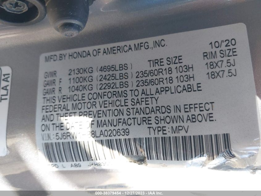 2020 HONDA CR-V EXL - 5J6RW1H88LA020639