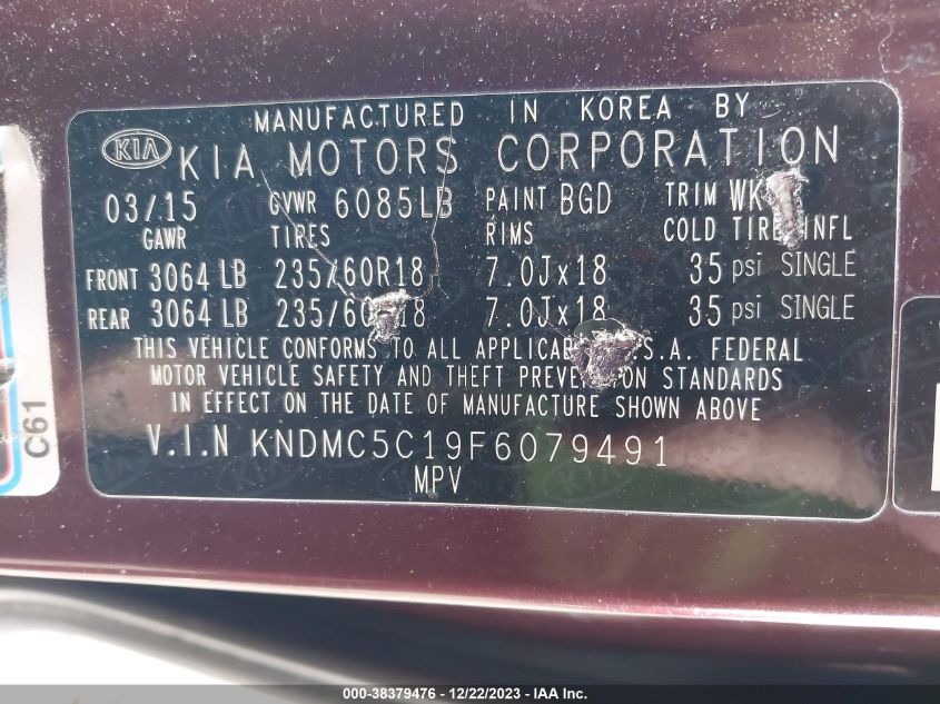 2015 KIA SEDONA SX - KNDMC5C19F6079491