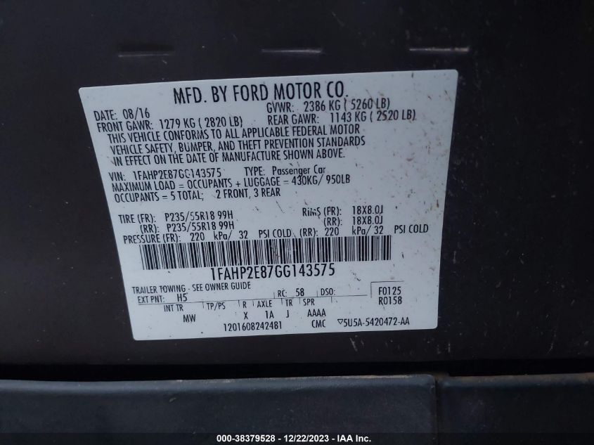 2016 FORD TAURUS SEL - 1FAHP2E87GG143575