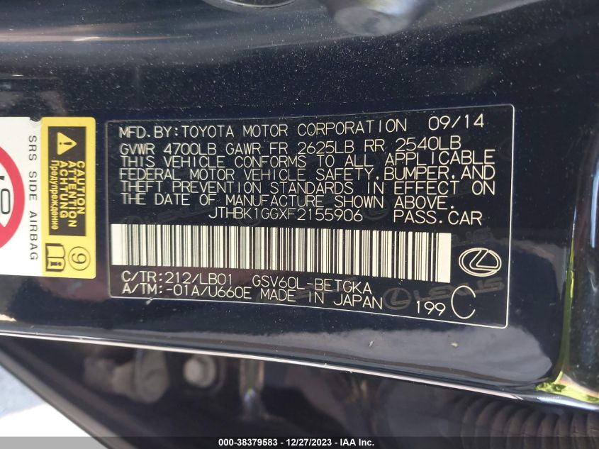 2015 LEXUS ES 350 - JTHBK1GGXF2155906