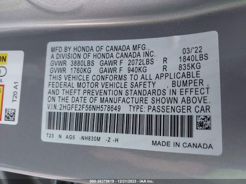 2022 HONDA CIVIC SPORT - 2HGFE2F56NH578649