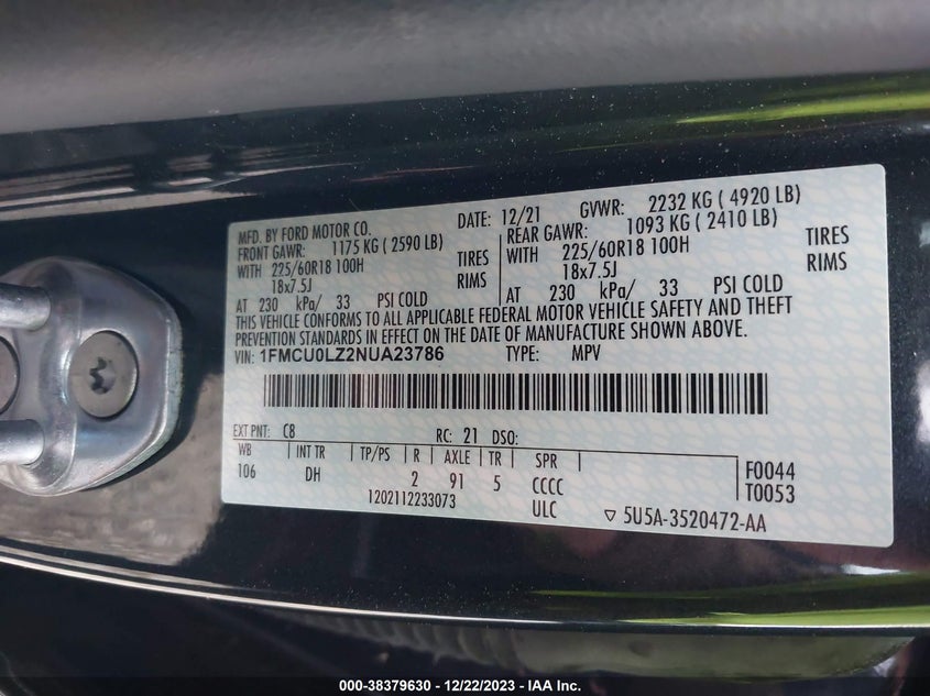 VIN 1FMCU0LZ2NUA23786 2022 FORD ESCAPE TITANIUM