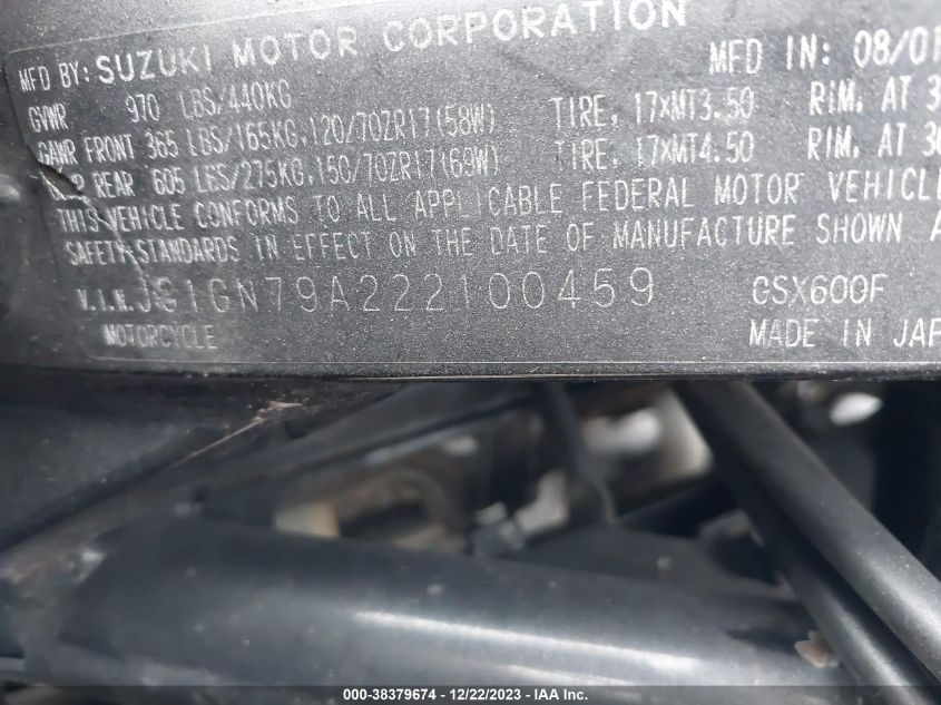 2002 SUZUKI GSX600 F JS1GN79A222100459