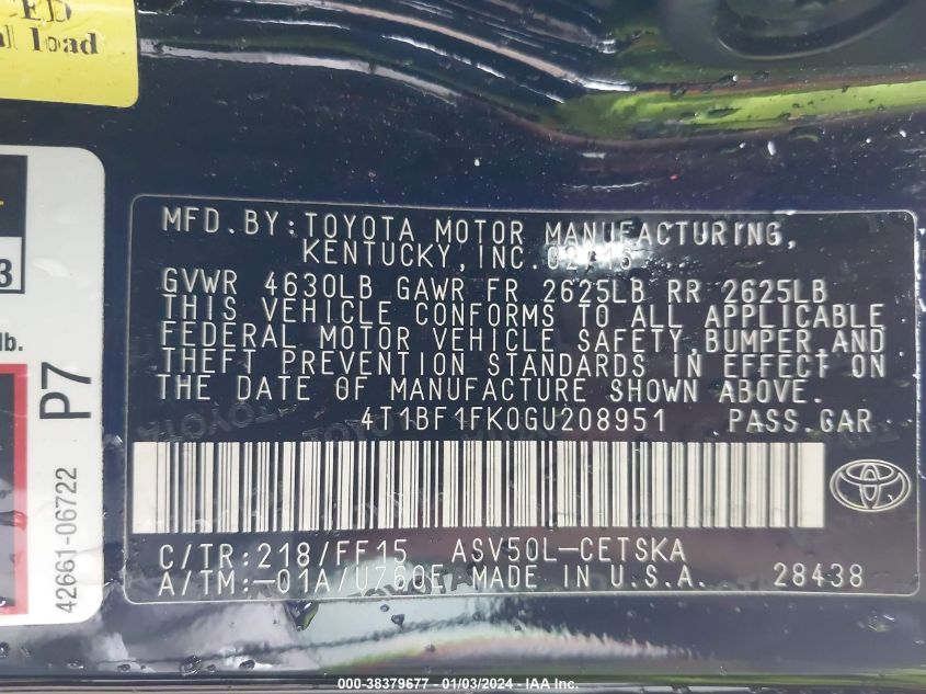2016 TOYOTA CAMRY LE/XLE/SE/XSE - 4T1BF1FK0GU208951