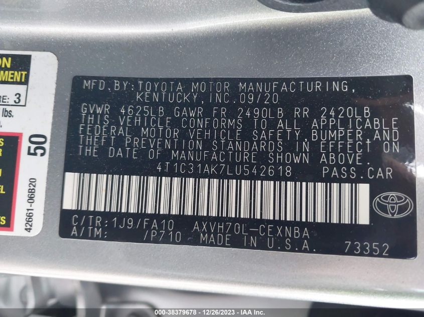 4T1C31AK7LU542618 | 2020 TOYOTA CAMRY