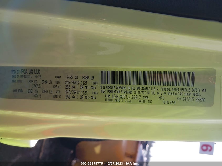 VIN 1C4HJXDG3JW166317 2018 JEEP WRANGLER UNLIMITED SPORT