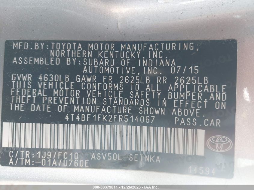 2015 TOYOTA CAMRY LE - 4T4BF1FK2FR514067