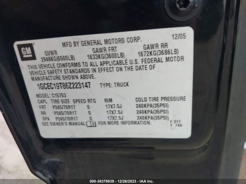 1GCEC19T86Z223147 | 2006 CHEVROLET SILVERADO 1500