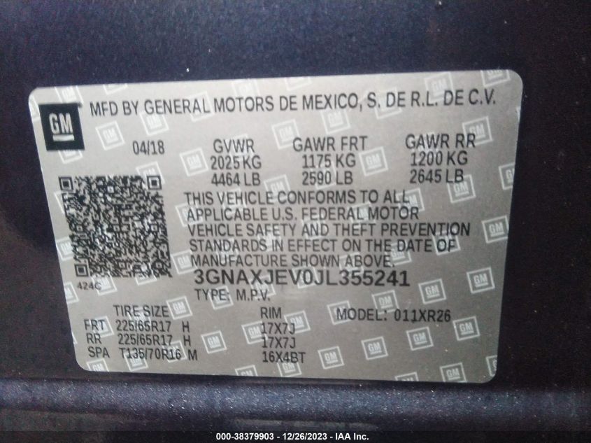 2018 CHEVROLET EQUINOX LT - 3GNAXJEV0JL355241