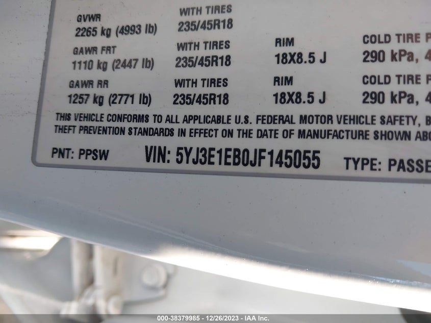 VIN 5YJ3E1EB0JF145055 2018 TESLA MODEL 3