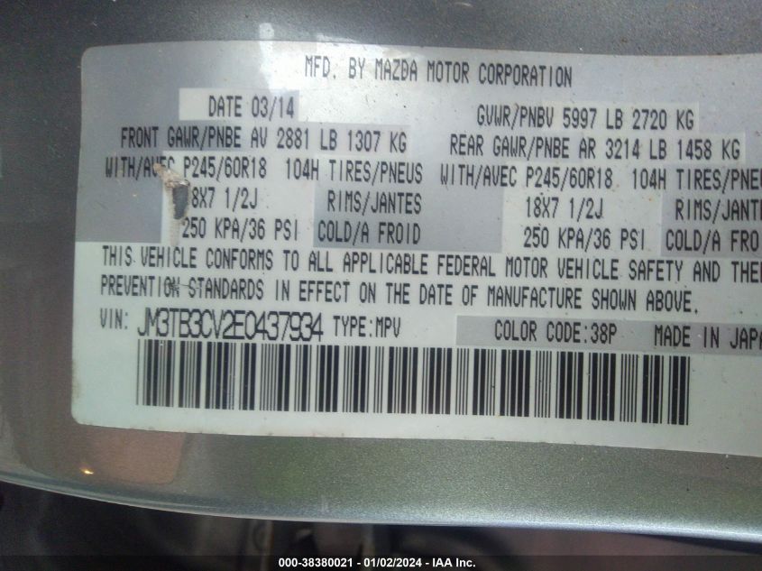 2014 MAZDA CX-9 TOURING - JM3TB3CV2E0437934