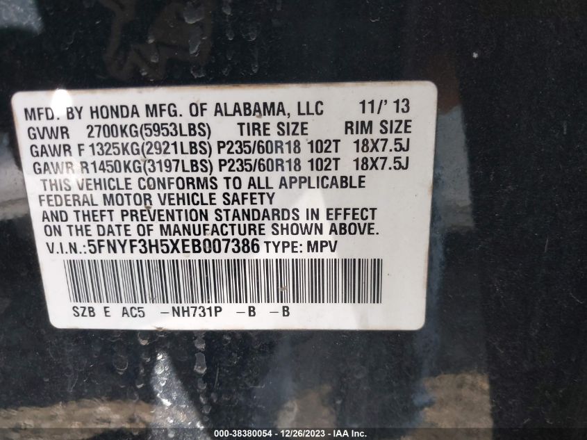 2014 HONDA PILOT EXL - 5FNYF3H5XEB007386