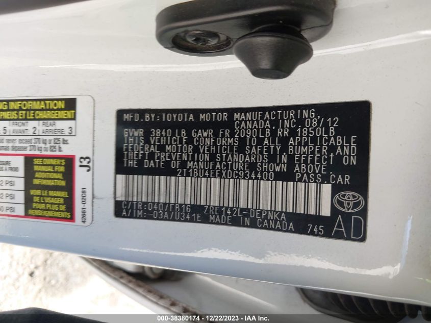 2013 TOYOTA COROLLA S/LE - 2T1BU4EEXDC934400