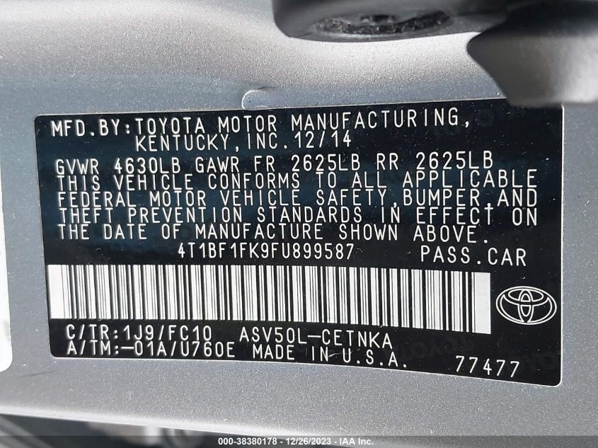 2015 TOYOTA CAMRY LE - 4T1BF1FK9FU899587