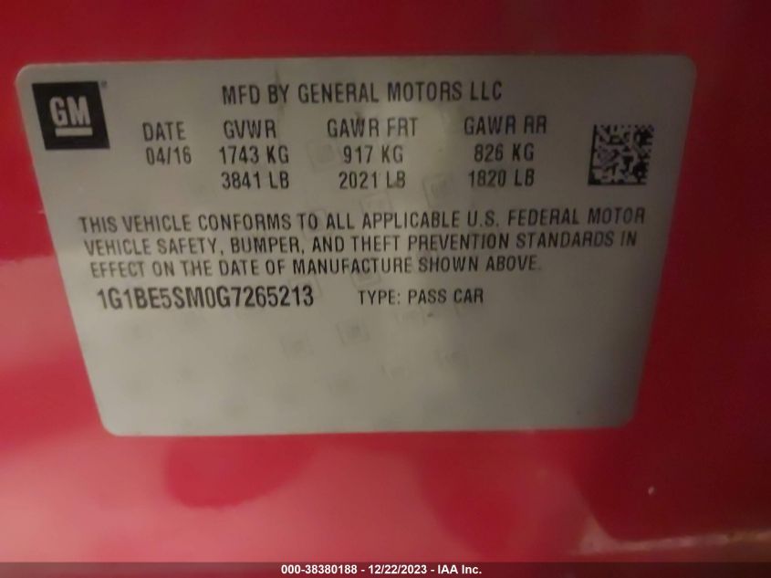 2016 CHEVROLET CRUZE LT - 1G1BE5SM0G7265213