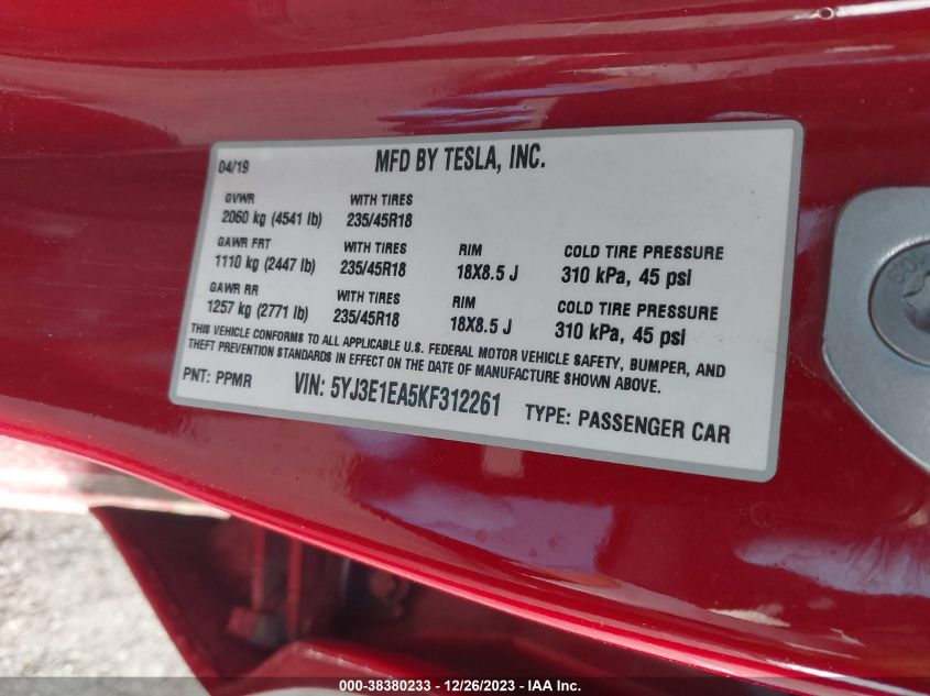 2019 TESLA MODEL 3 LONG RANGE/MID RANGE/STANDARD RANGE/STANDARD RANGE PLUS - 5YJ3E1EA5KF312261