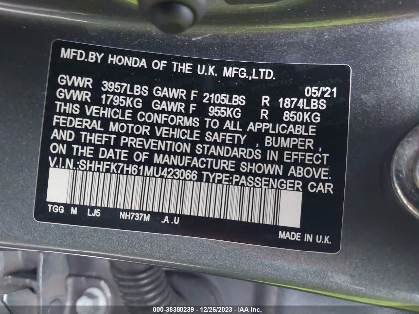 2021 HONDA CIVIC EX - SHHFK7H61MU423066
