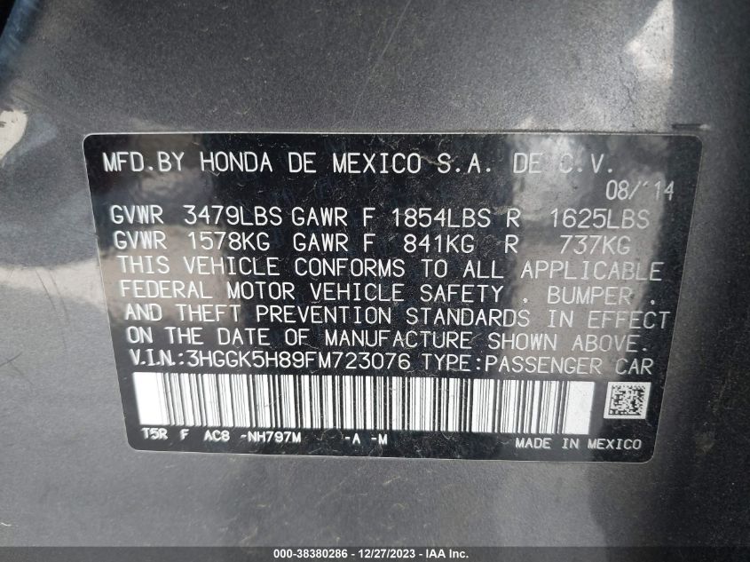 2015 HONDA FIT EX/EXL - 3HGGK5H89FM723076