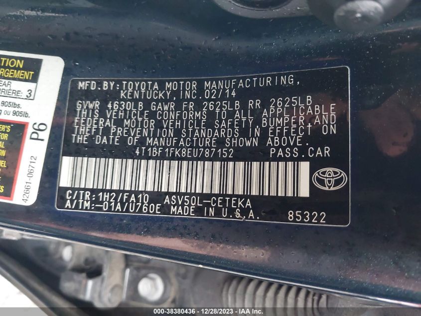 2014 TOYOTA CAMRY L - 4T1BF1FK8EU787152