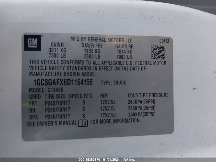 2013 CHEVROLET EXPRESS 1500 WORK VAN - 1GCSGAFX6D1164156