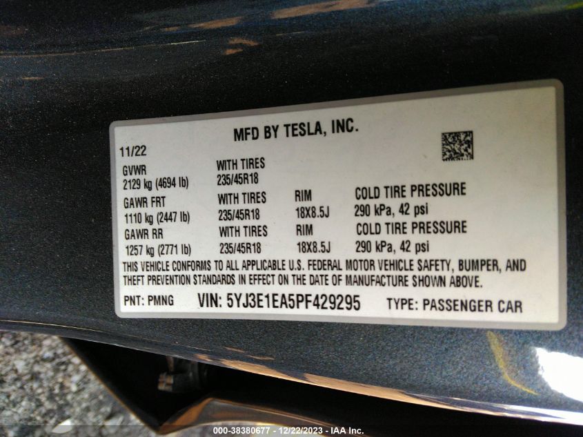 2023 TESLA MODEL 3 REAR-WHEEL DRIVE - 5YJ3E1EA5PF429295