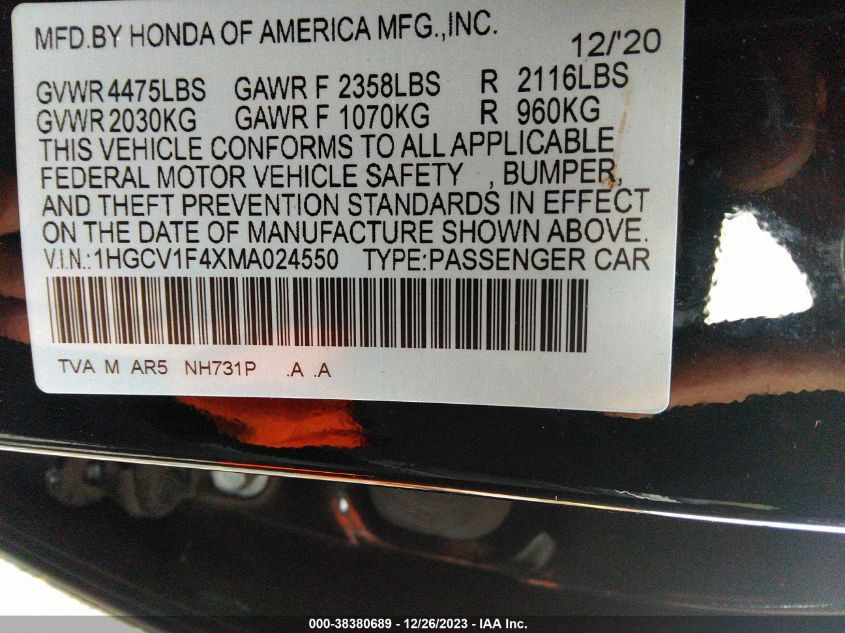 2021 HONDA ACCORD SPORT SE - 1HGCV1F4XMA024550