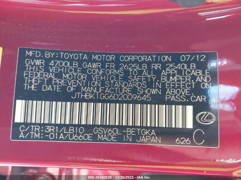 2013 LEXUS ES 350 - JTHBK1GG6D2009645
